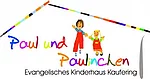 Logo Kinderhaus Paul und Paulinchen. Bunte Schrift mit zwei winkenden Kinderzeichnungen.