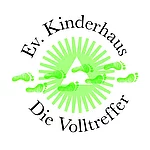 Logo des Kinderhauses Die Volltreffer. Grünes Dreieck mit grünen Strahlenkranz, darum die Schrift