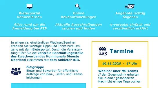 Flyer mit Informationen zu einem Bieterseminar des Zweckverbands Kommunale Dienste Oberland mit Terminen, Kontaktinformationen und Hinweisen zu Online-Bietertools