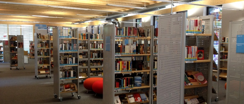 Blick auf die Bücherregale im großen Büchereisaal